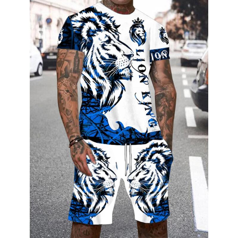 New Men's Summer Casual Everyday Short Sleeve and Shorts Set Cool The Lion King Print T-Shirt and Drawstring Short Set Men's Set