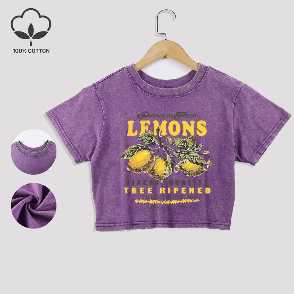 Prémiové bavlnené prané tričká s potlačou čerstvých citrónov Módne letné crop topy s čipkovaným lemom Bežný strih Tričká s okrúhlym výstrihom Bežné oblečenie