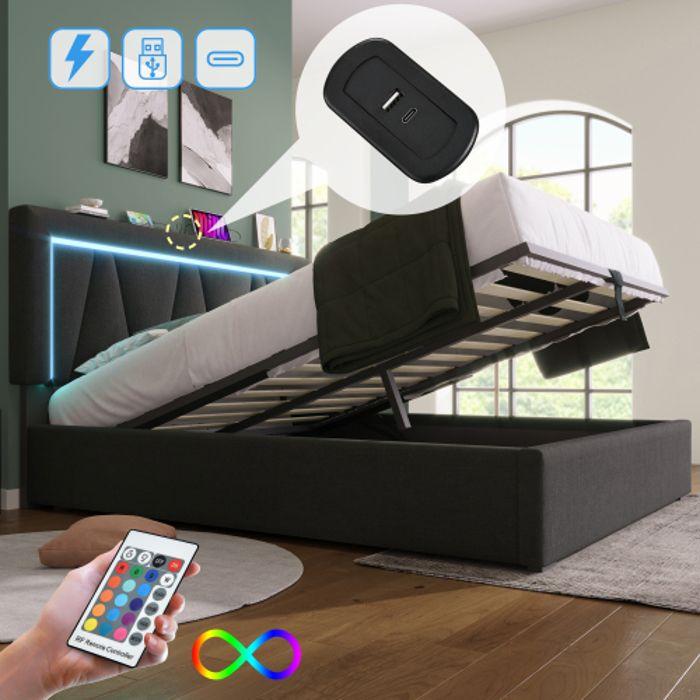 Lit LED Rembourré Avec USB Type C Et Éclairage LED, Cadre De Lit En Lin Avec Sommier À Lattes (avec Matelas) 140x200