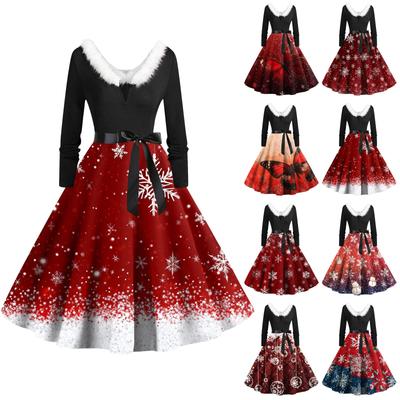 Women's Fashion Round Neck Casual Slim Christmas Printed Long Sleeve Dresses
