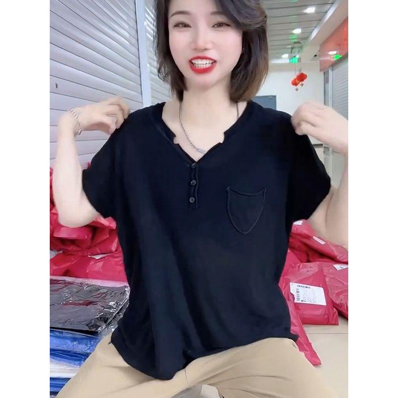 

Beautiful Cotton and Linen Flounced Sleeve Tops Thin V-neck Mother Clothes Knitwear Women s Summer Ice Silk Short Sleeve T-shirt Small Shirt Plus Size Black All yards