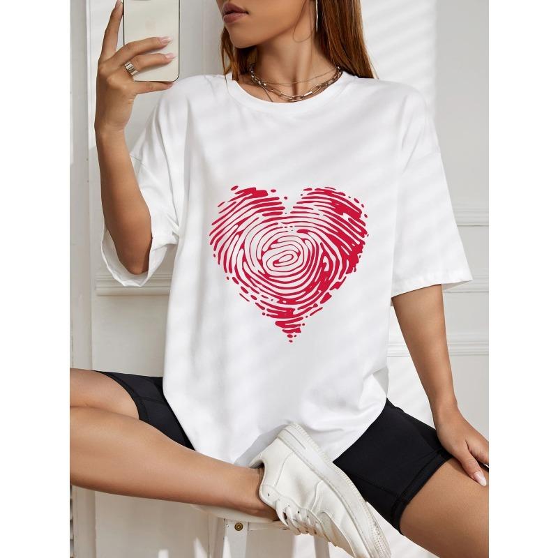 White Oversized T Shirt With Fingerprint Heart Print For Casual Wear
