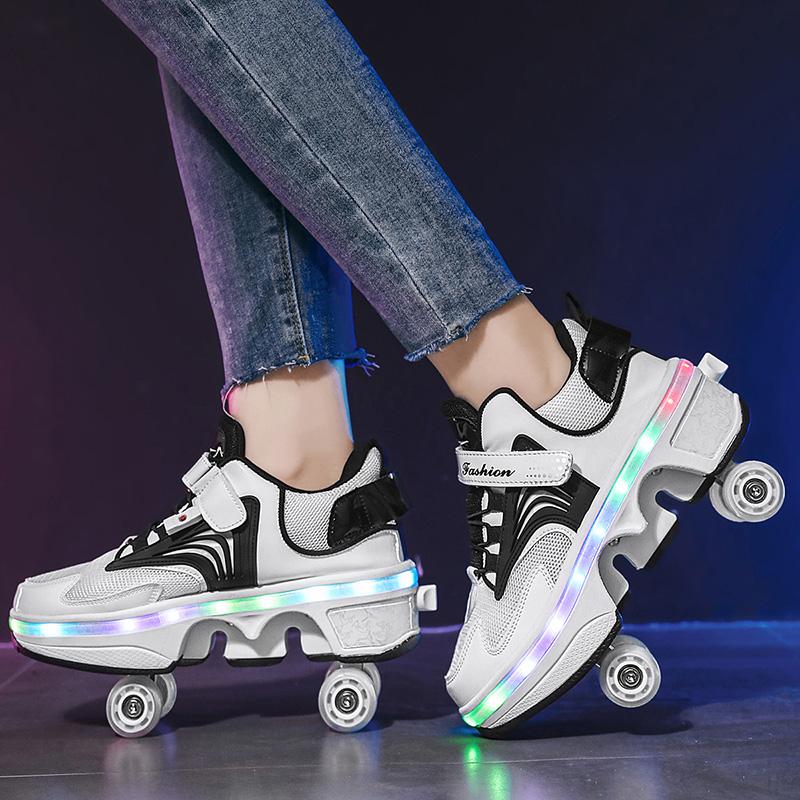 Kids Glowing Sneakers Kids Roller Skates for 6-15 Years Old Four-wheel Deformation Can Walk Can Skate Skates Mens Roller Sneakers