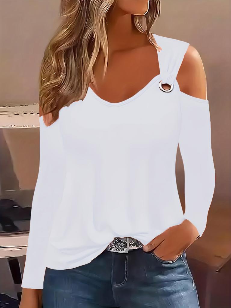 Herbst Einfache Metallknopf V-Ausschnitt Hemd Bluse Für Frauen Neue Mode Sexy Damen Lässiges T-Shirt Pullover Oberteile Femal