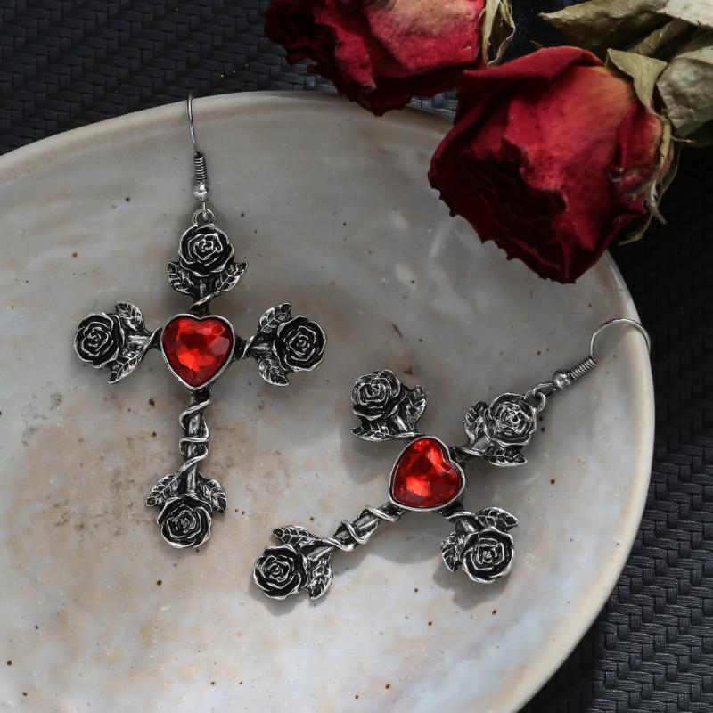

Punk Gothic Red Heart Shape Zircon Cross Rose Flowers Pendant Dangle Earrings for Women Halloween Party Personality Jewelry Gift красный