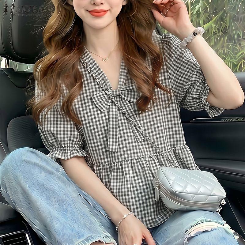 ZANZEA Women Casual V-Neck Loose Plaid Print Short Sleeve Blouse M