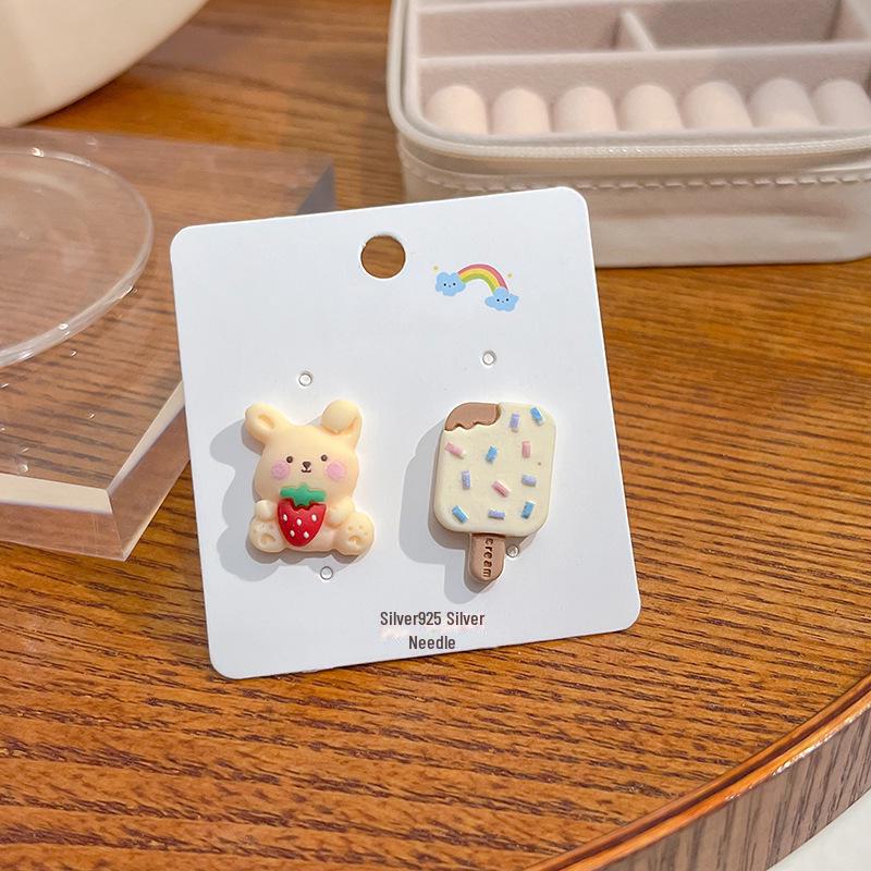 Japanese Kawaii Pastel Rabbit Bear & Strawberry Fruit Earrings with Silver Posts