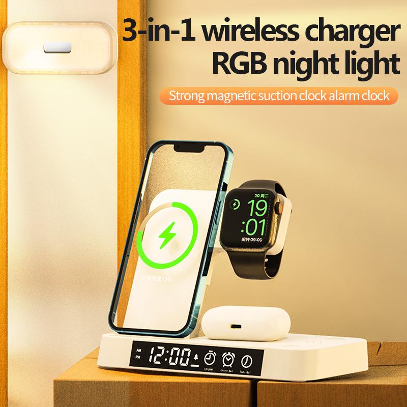 15W Fast Charging Wireless Charger Support Charge Apple Watch With RGB Night Light Time Alock Function For Apple Airpods Watch Iphone 15promax