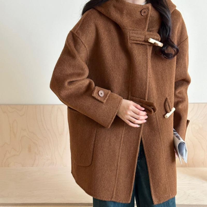 Women's Autumn and Winter New Short Hooded Loose Double-Sided Wool Coat