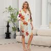 Women's Casual Zip Front Robe with Leaf Print, 3/4 Sleeve, Knee-Length, Lightweight Sleepwear with Pockets