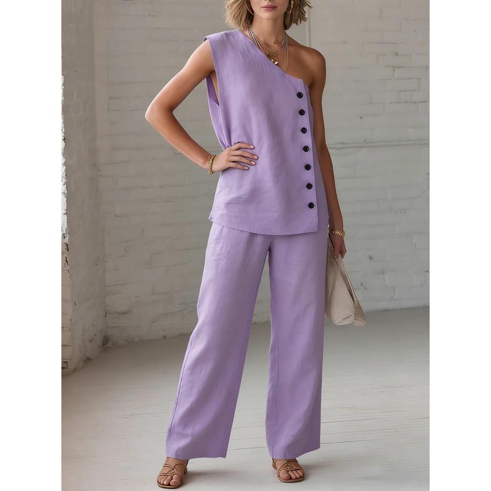 Women's Loose Fit Two Piece Pant Suit One Shoulder Sleeveless Button Detail Solid Wide Leg Long Pant Matching Outfit