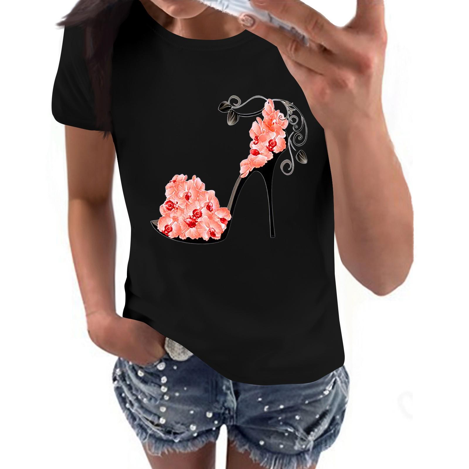 

Women s Casual High Heels Floral Print Casual Short-sleeved T-shirt Pullover Round Neck Short-sleeved Top L чорний