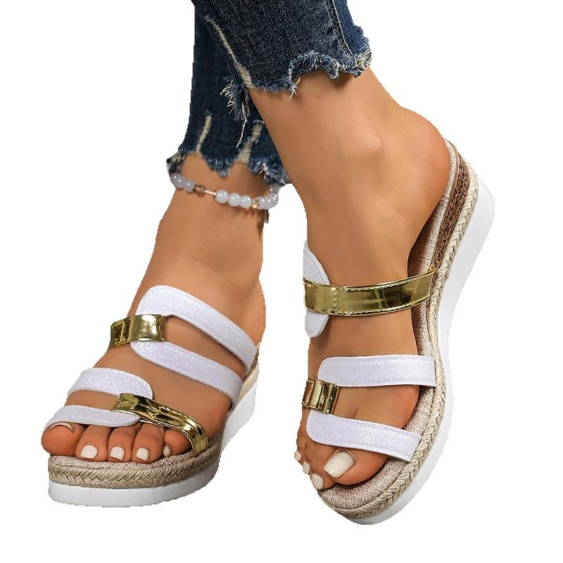 Large Size Hemp Rope Wedge Slippers Women's Summer New Retro Thick Bottom Hollow Fashion One-word Slippers