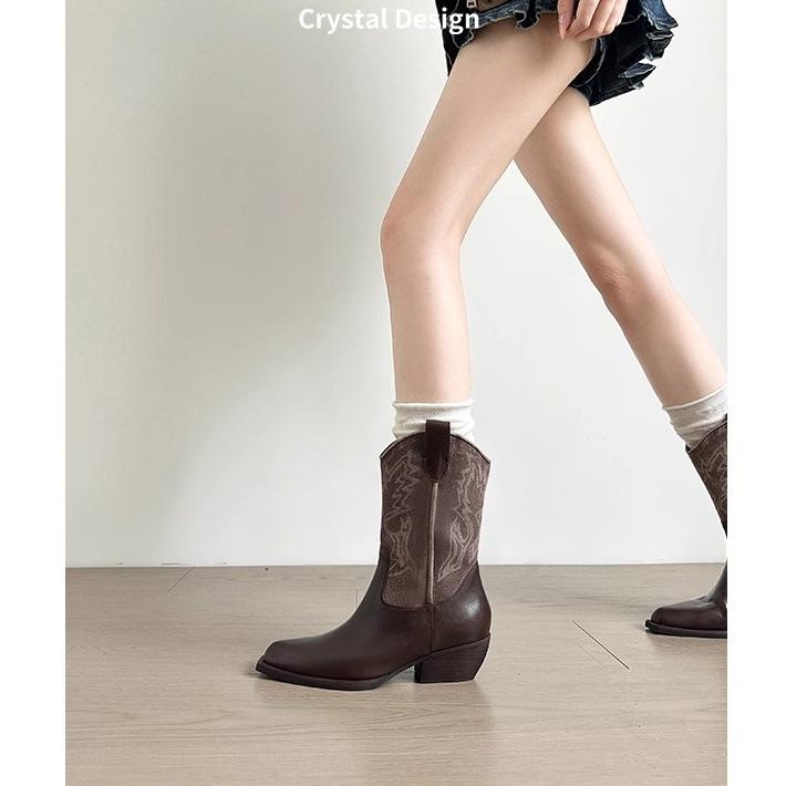 Genuine Leather~ Jiaoyu Piled Boots Women's 2025 Summer New Western Cowboy Boots Retro Knight Pointed Embroidered Short Boots