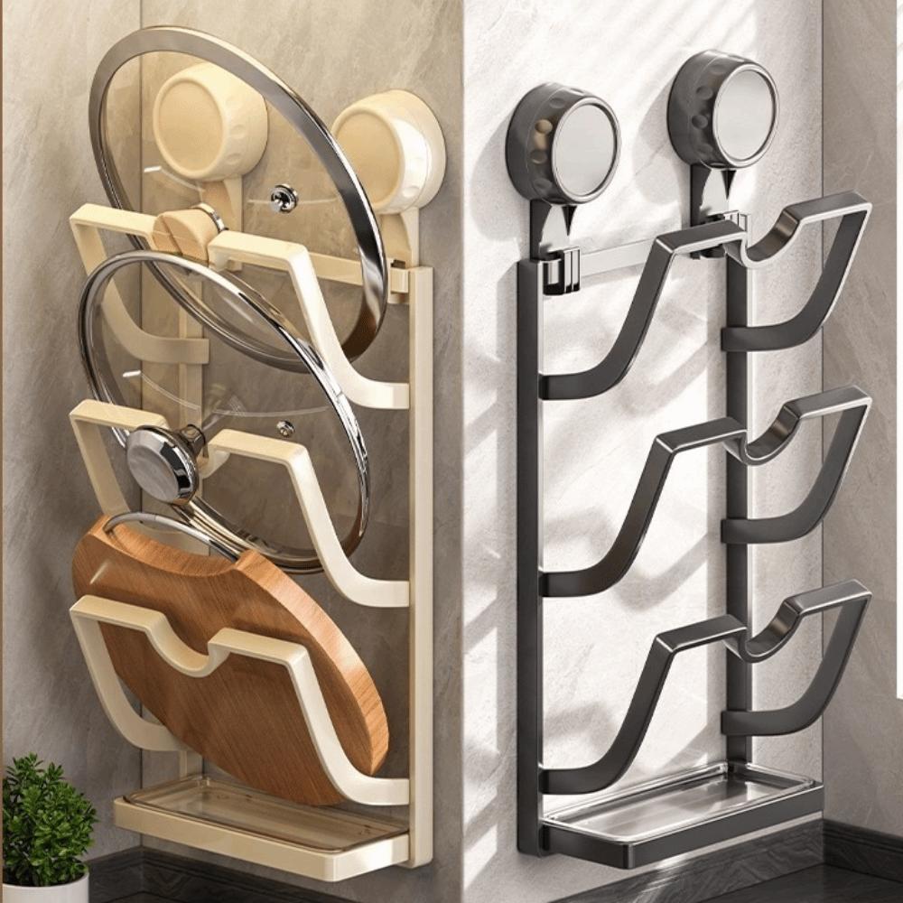 Suction Cup Pot Lid Holder Metal Multi-Layer Design Kitchen Storage Rack Wall Mounted Space Saving Cutting Board Shelf Home Use