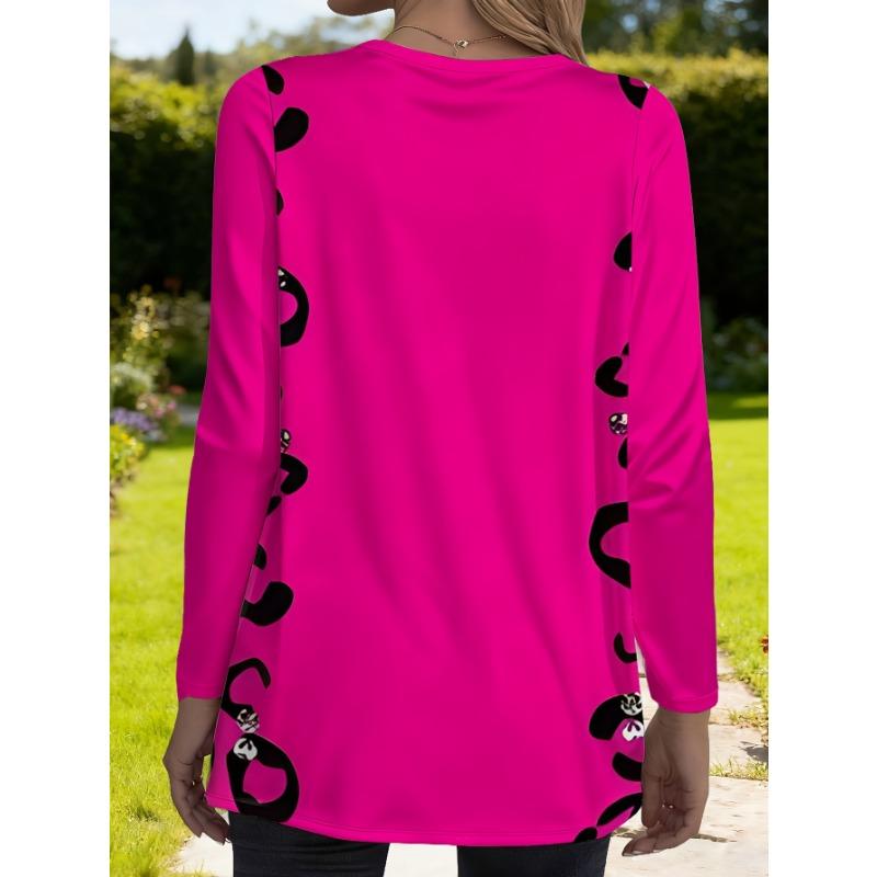 Großformatiges Damen-Oberteil in leuchtendem Pink mit Aufdruck, langärmelig, locker geschnitten, mit Taschen, modisches lässiges T-Shirt für Damen mit eleganter Leopardenmuster-Verzierung