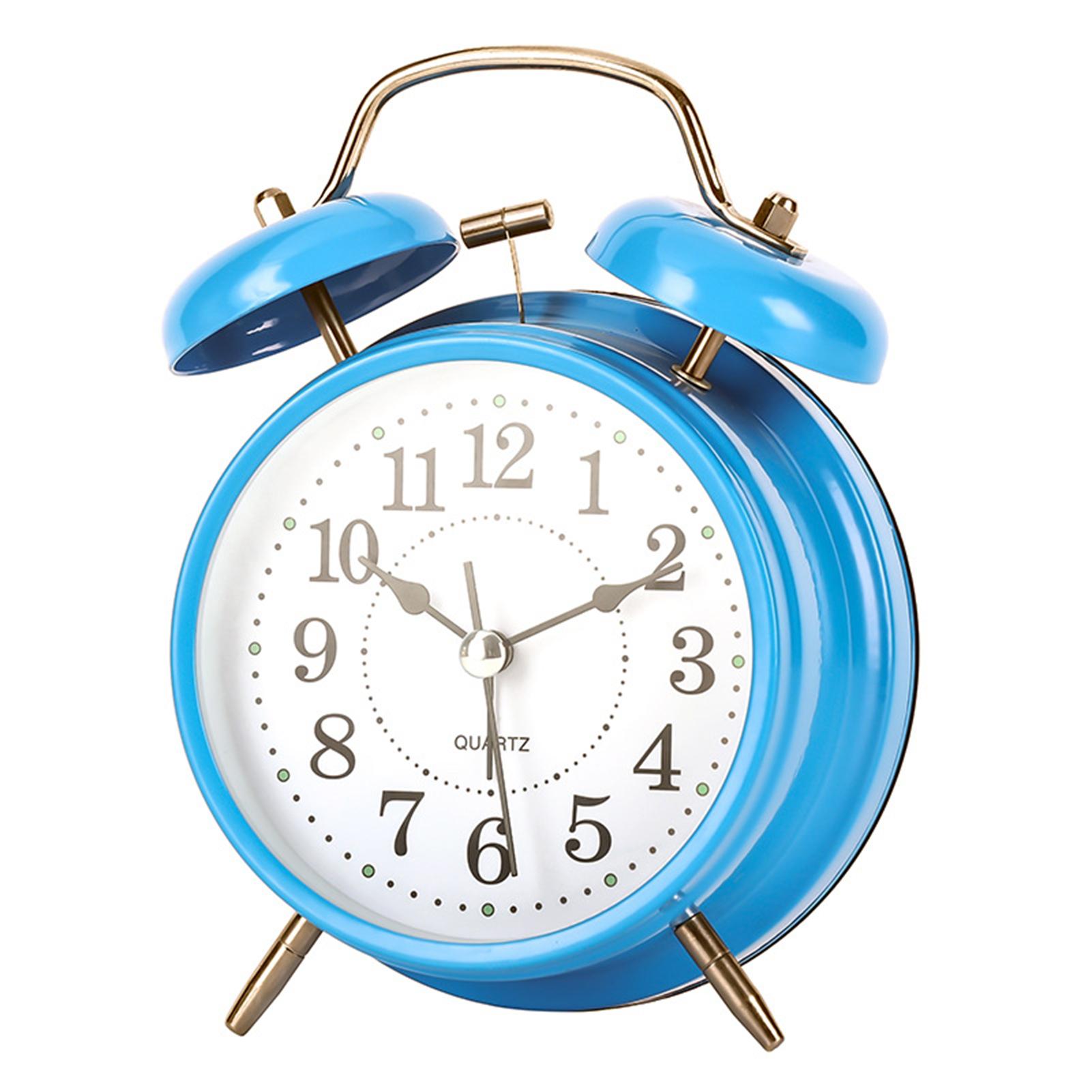 Громкий аналоговый будильник с ночником, бесшумный ход, корпус из нержавеющей стали, классический двухударный будильник для прикроватной тумбочки синий