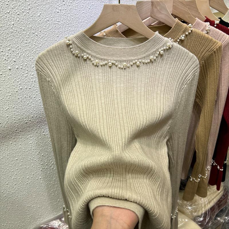 Podzimní Nový Svetr Pletený s Korálky Dlouhý Rukáv Dámský Zimní Slim Fit Základní Pulovr Svetry pro Ženy Módní Elegantní Jednobarevné Teplé Svetry Topy 24868