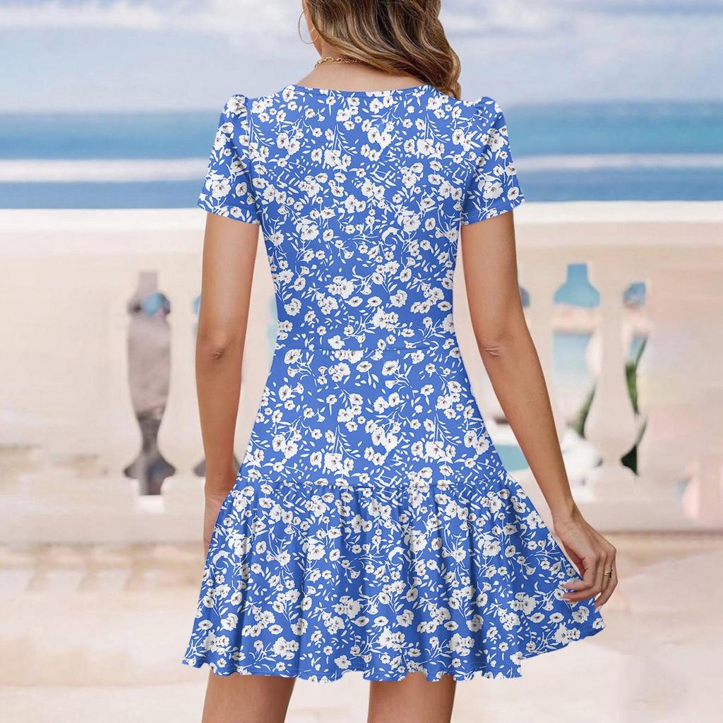 Women's Casual Fashion V-Neck Short Sleeve Patchwork Floral Print Dresses