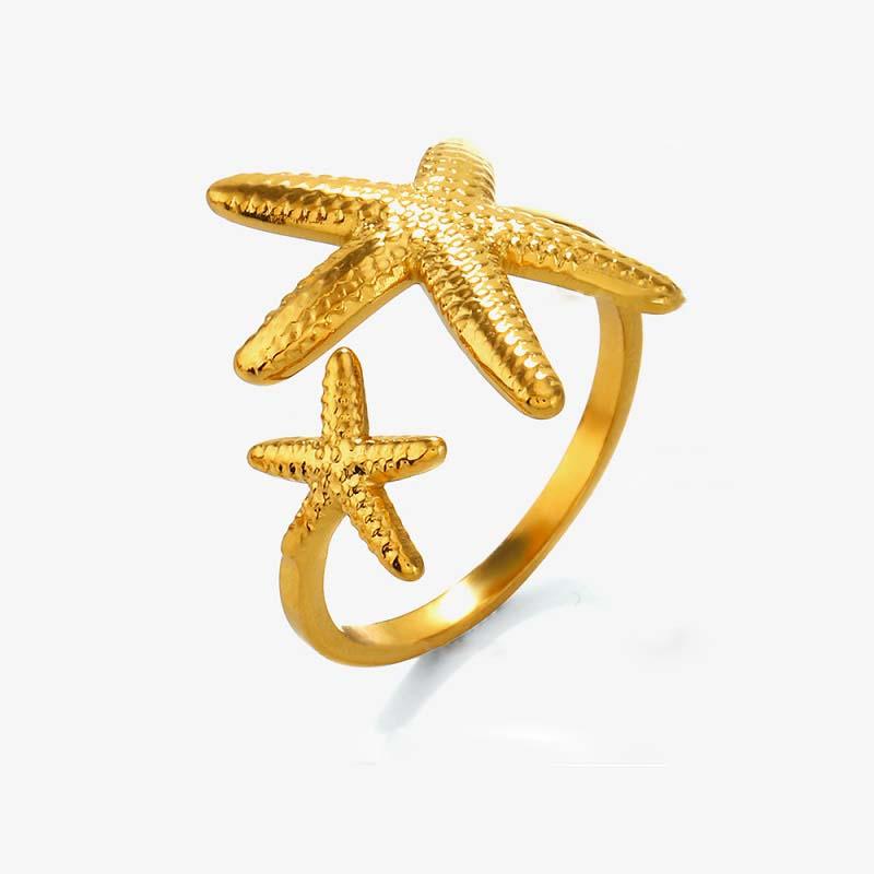 Stainless Steel Starfish Open Rings For Women Men Fashion Gold Color Irregular Textured Starfish Adjustable Ring Jewelry Gift