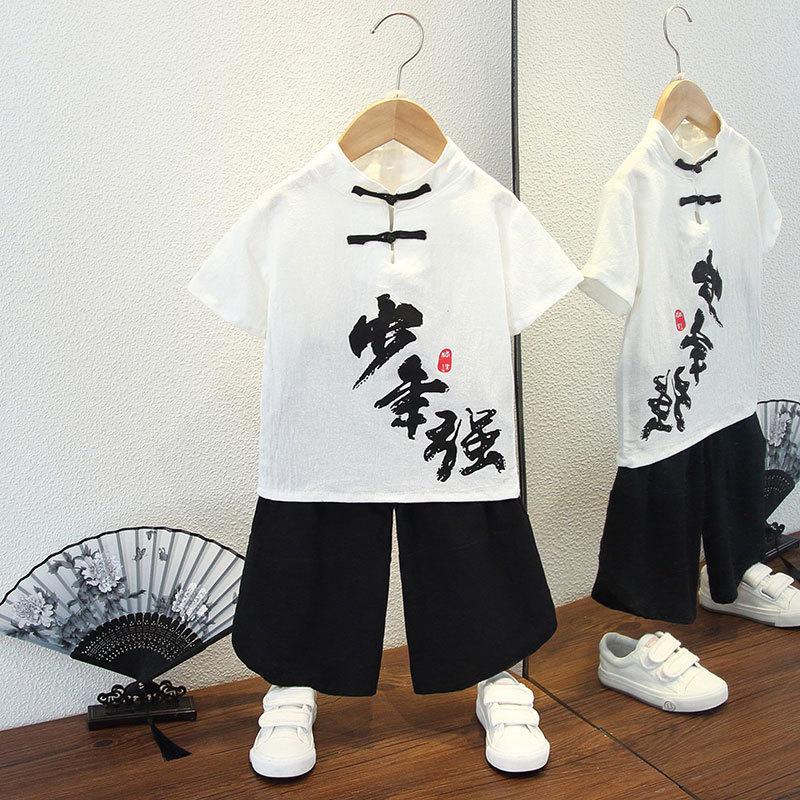 Completo Estivo da Ragazzo a Maniche Corte Stile Cinese per Bambini Hanbok Bello Completo Tang Cotone Lino Sezione Sottile di Abbigliamento Antico