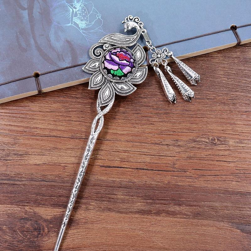 Vintage embroidery earrings hairpin classical temperament Miao peacock flower fringed earrings hair accessories set women