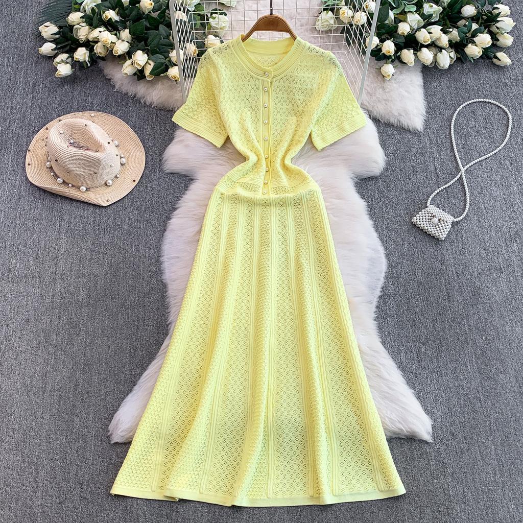 French Light Luxury Celebrity Hollowed-out Knitted Round Neck Dress Women's Autumn and Winter High-end Pearl Buckle Slim-fitting Elegant Long Dress