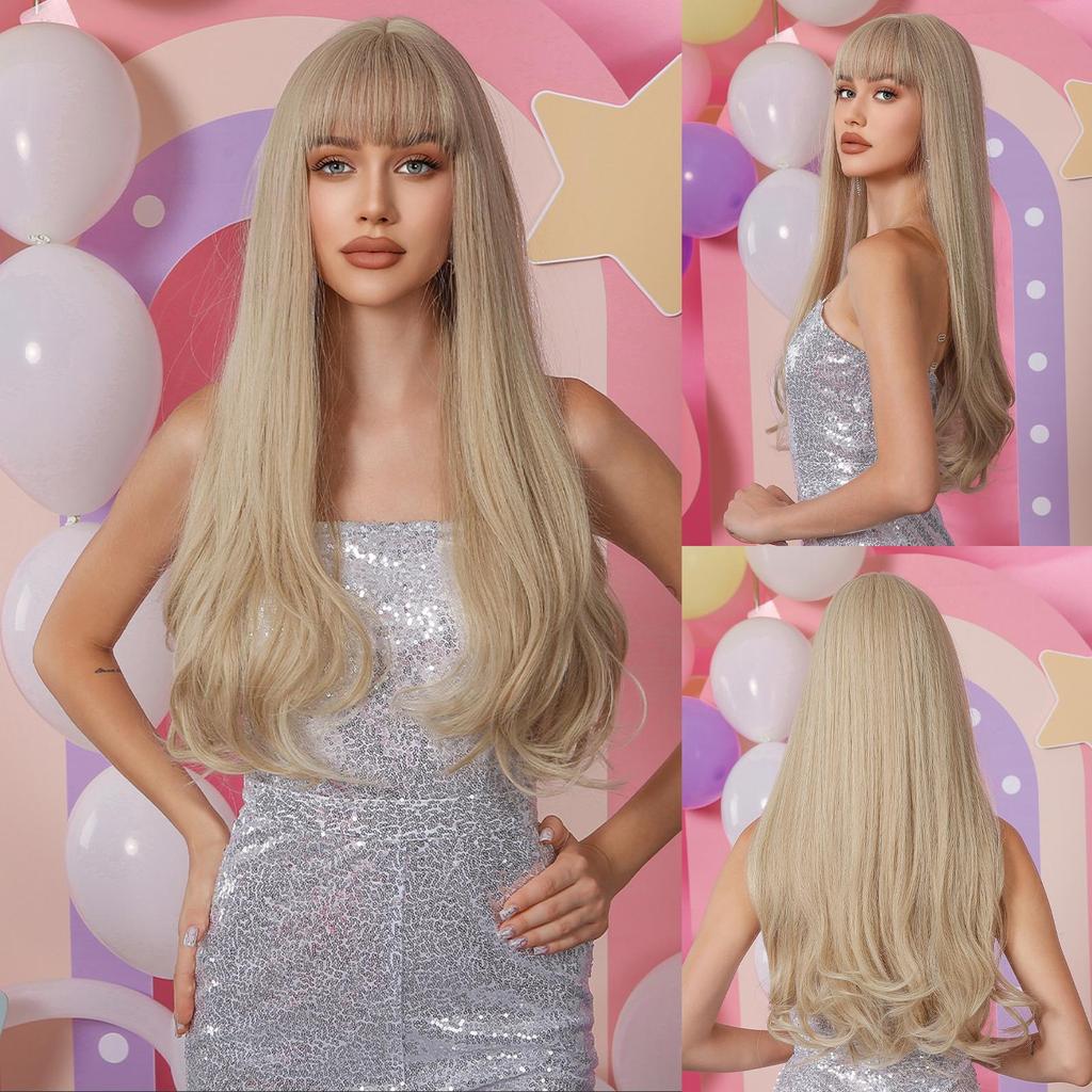 EASIHAIR Long Blonde Synthetic Wigs with Bangs Natural Wavy Hair Wig for Women Daily Cosplay Wig Heat Resistant Fiber