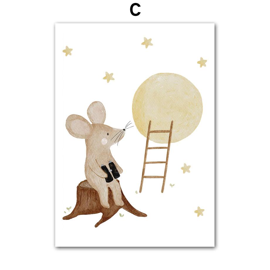 Boho Space Rocket Bear Panda Mouse Nursery Posters Cartoon Wall Art Print Canvas Painting Baby Kids Room Home Decoration Picture