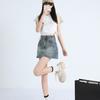 Fusta scurtă de denim retro Fusta scurtă de slăbire cu talie înaltă de vară pentru femei, Fusta înfășurată în șold cu linie A anti-orbire