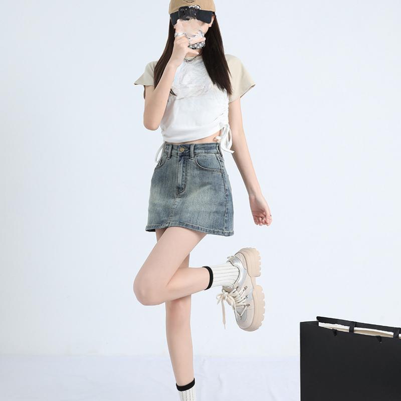 Fusta scurtă de denim retro Fusta scurtă de slăbire cu talie înaltă de vară pentru femei, Fusta înfășurată în șold cu linie A anti-orbire