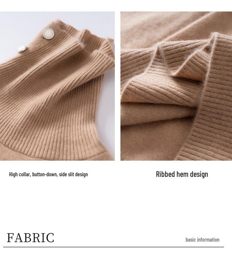 High Collar Buckle Cashmere Women's Loose Slimming Knitted Pullover Sweater