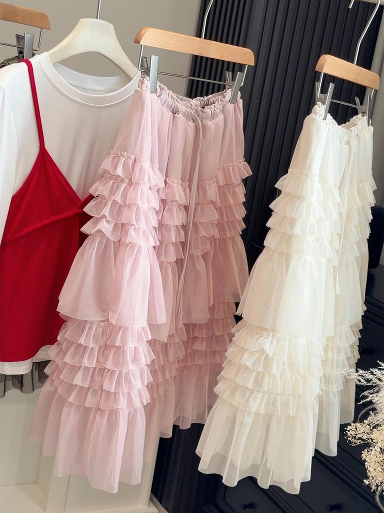 Korean Style Fluffy Lace Mesh Layered Midi Skirt for Women - Spring Collection