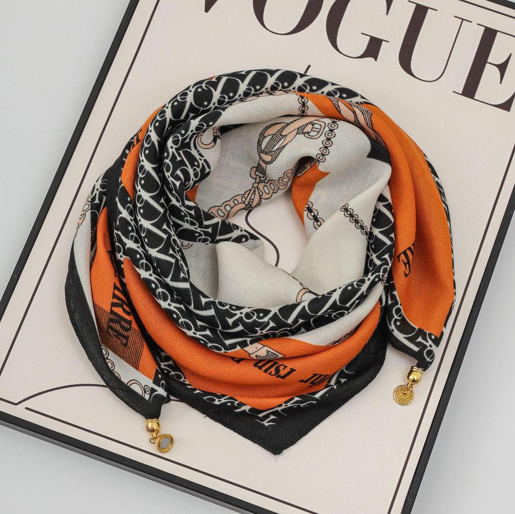 Women's 65" Silk Square Scarf with Magnetic Buckle – Autumn/Winter Print, Fashionable & Versatile Triangle Snood