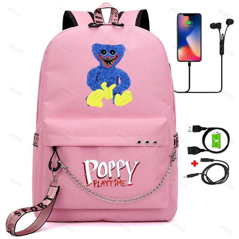 Game Poppy Spielzeit-Rucksack, Teenager-Mädchen, Huggy Wuggy, Schulrucksack für Damen mit USB-Aufladung, für Studenten, Laptops, Reisen, Segeltuchtaschen