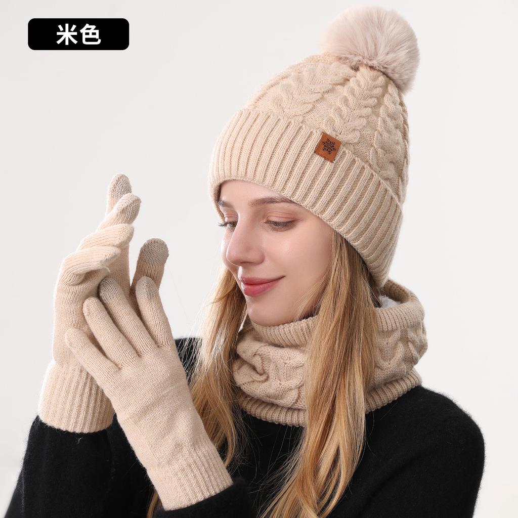 Winter Knitted Hat, Gloves, Hat, Scarf Three-piece Set, Winter Women's Outdoor Riding Double-layer Knitted Scarf