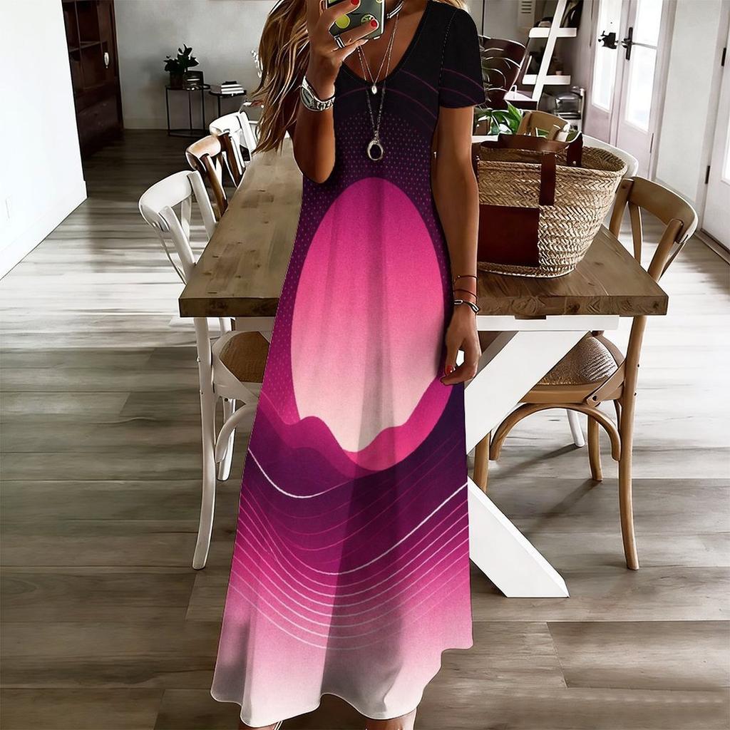 Women Plus Size V Neck Short Sleeve Colorful Swirl Printed Long Maxi Dress