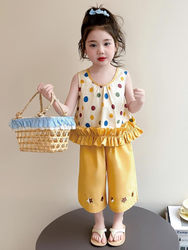 Girls' Colorful Polka Dot Vest & Star Pants Set - 2026 Summer Casual Outfit