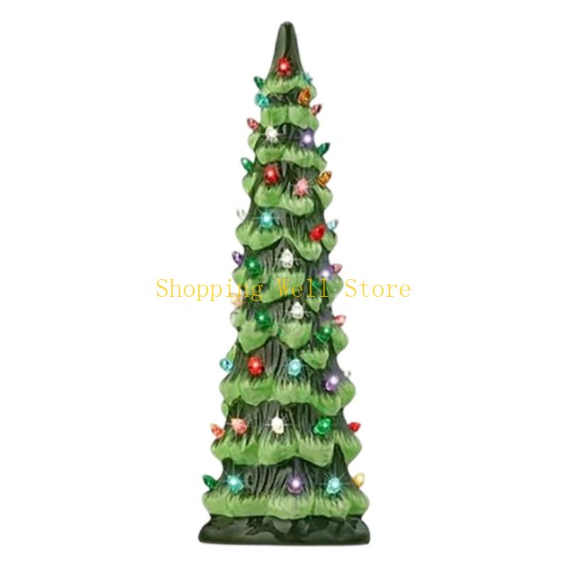 KX4B Glowing Christmas Tree Sculpture Miniature Holiday Tree Resin Statue Desk Ornament For Mantels Tabletop Shelf Display