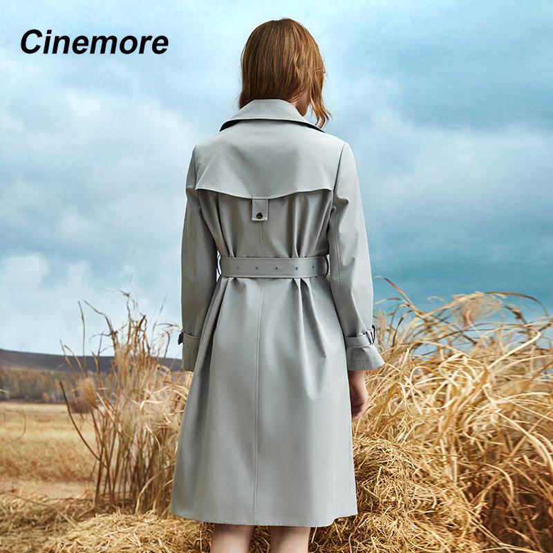 Cinemore Podzimní dlouhý trenčkot pro ženy Ležérní bunda Větrovka Dvouřadá klopa Přepásaný kabát Dámský elegantní kabát