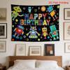 Vibrant Happy Birthday Robot Party Tapestry Wall Decor for Kids Nursery Room Cute Space Robots Comic Art Polyester Hanging Decor
