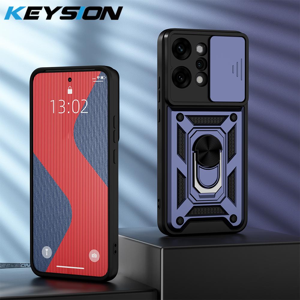 

KEYSION Shockproof Armor Case for OPPO Reno14 Pro 5G Slide Camera Lens Protection Ring Stand Phone Back Cover for OPPO Reno14 5G for OPPO Reno14 5G синій