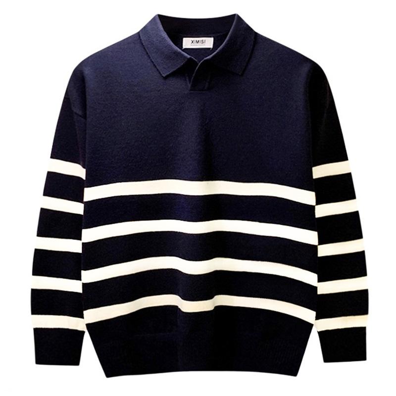 Striped Polo Collar Knitted Sweater For Men's Autumn And Winter Loose Casual Sweater Business Commuting Top