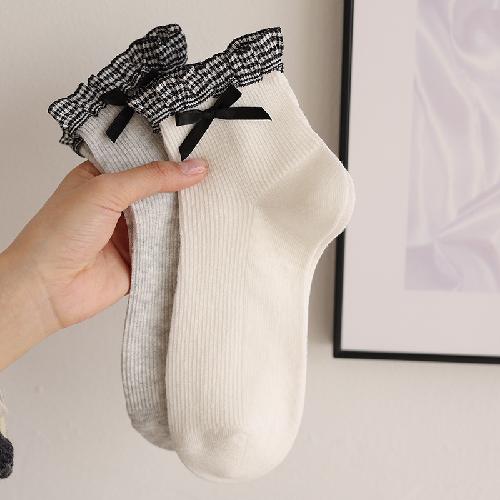 

Socks Women s Spring and Summer Plaid Lace Socks Cotton Breathable Sweat-absorbing Sweet Bow Short Women s Socks Ballet Style One Size