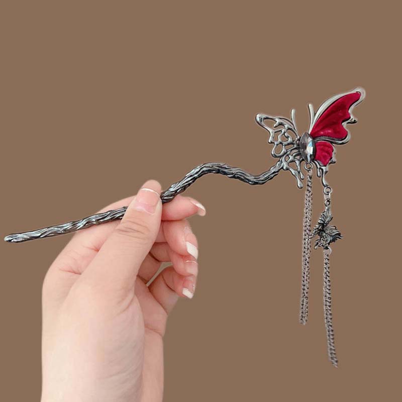 

Винтажная красная заколка для волос с кисточкой в виде половины бабочки для женщин в китайском стиле, металлическая шпилька для волос, палочки для волос, аксессуары для волос
