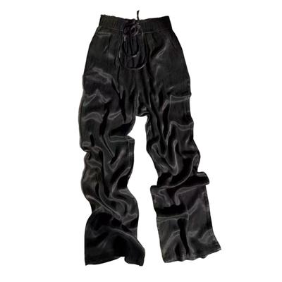 Women Casual Pants Solid Color Ice Silk Straight Wide Leg Long Trousers Elastic Waist Drawstring Thin Slacks Streetwear