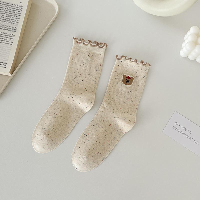 Embroidered Socks for Women, Spring and Autumn Mid-calf Socks, Black Fungus Lace Long Socks, Sweat-absorbing Pile Socks, Cute Boneless Socks