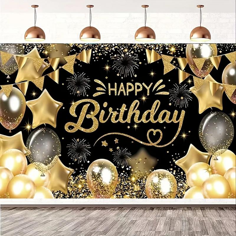 1 piece, 2D flat design, 1 black and gold birthday party decorative background, suitable for party birthday decorations, wsj