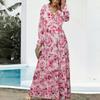 Elegant Loose Printing Long Dresses Spring Women V Neck Pullover Long Sleeves Dress High Waist Casual Ankle Length Dress