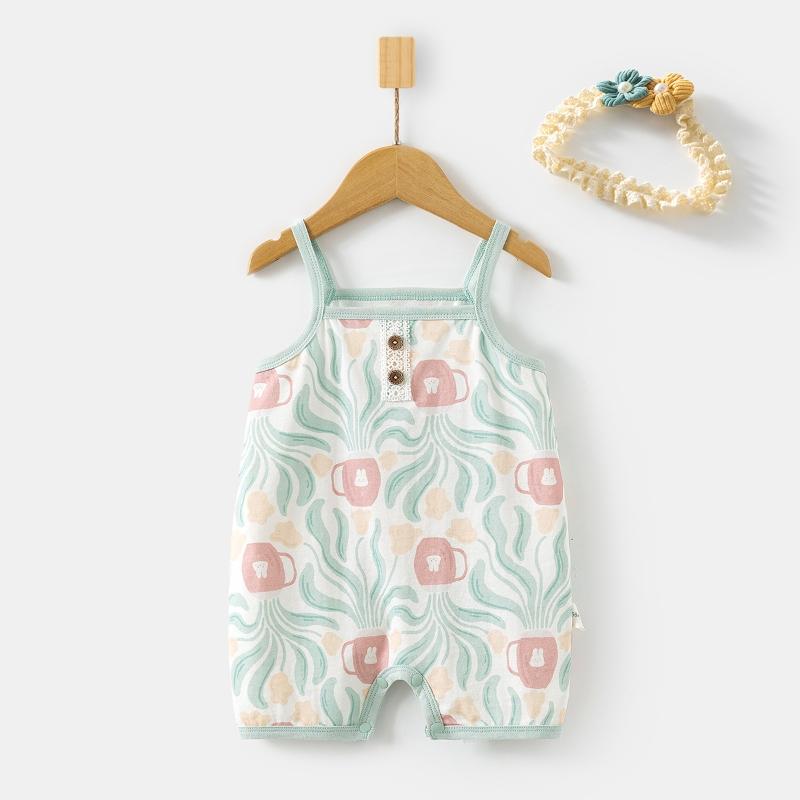 

Летний детский комбинезон-слинг для новорожденных, без рукавов, с принтом, мягкие хлопковые комбинезоны для младенцев, повседневные боди с повязкой на голову 90(13-24M) зелёный